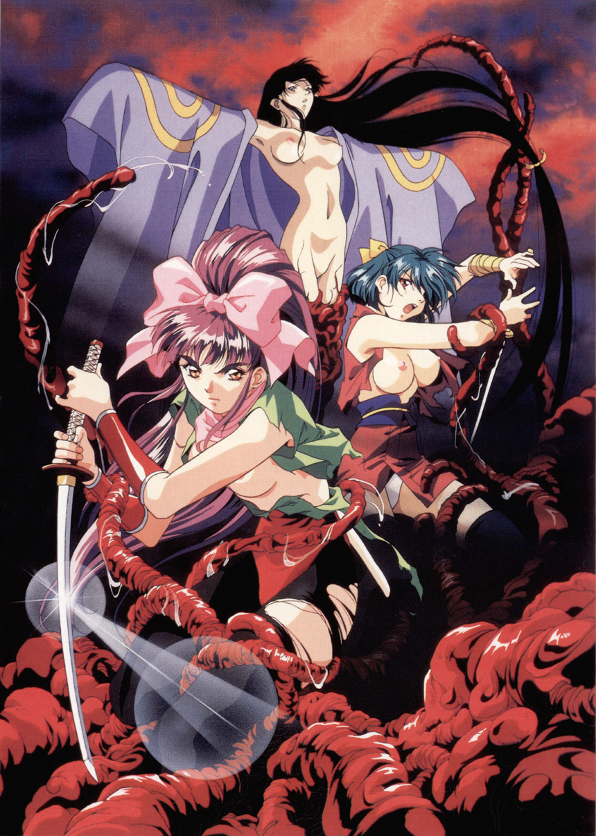 1990s_(style) aqua_hair bow breasts convenient_arm hair_bow high_ponytail highres holding holding_sword holding_weapon injuu_gakuen_la_blue_girl large_breasts long_hair medium_breasts midou_miko nude official_art open_mouth outstretched_arms ponytail purple_hair retro_artstyle rin-sin scan short_hair spread_arms sword tentacles thighhighs torn_clothes very_long_hair weapon