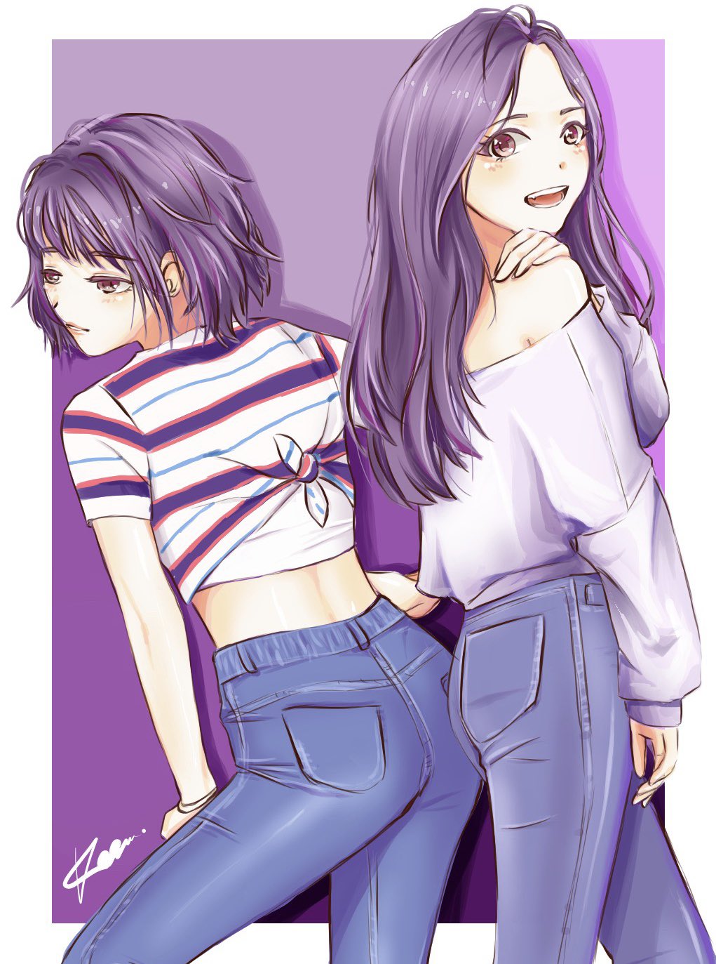 2girls back border commentary cowboy_shot crop_top denim english_commentary eunha_(gfriend) gfriend hand_on_own_hip highres jeans k-pop kasurinjung long_hair long_sleeves looking_at_viewer multiple_girls pants purple_background purple_hair short_hair short_sleeves simple_background sinb_(gfriend) smile white_border