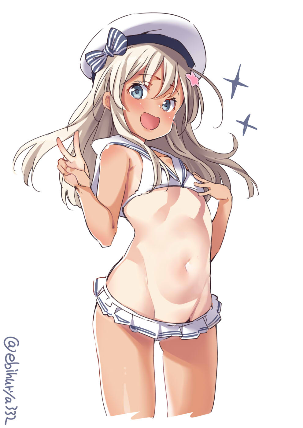 1girl :d adapted_costume artist_name bare_shoulders bikini bikini_skirt blue_eyes blush bow breasts cleavage collarbone cosplay cowboy_shot ebifurya female_focus flat_chest flower gluteal_fold hair_flower hair_ornament hand_on_own_chest hat hat_bow highres kantai_collection long_hair looking_at_viewer lowleg lowleg_bikini navel one-piece_tan open_mouth ro-500_(kancolle) sailor_bikini sailor_collar sailor_hat sidelocks simple_background small_breasts smile solo stomach swimsuit tan tanline thighs twitter_username v white_background white_bikini white_hair z1_leberecht_maass_(kancolle) z1_leberecht_maass_(kancolle)_(cosplay) z1_leberecht_maass_(swimsuit)_(kancolle)