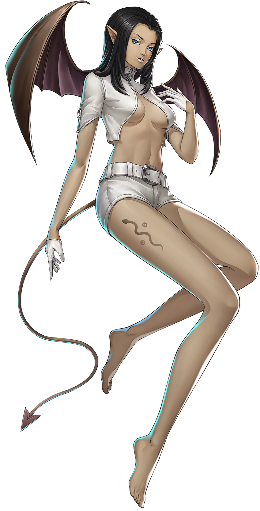 1girl artist_request barefoot bat_wings belt black_hair blue_eyes breasts demon_(megami_tensei) demon_girl demon_tail gloves highres leg_tattoo lilim_(megami_tensei) navel official_art persona persona_5 persona_5:_the_phantom_x pointy_ears shin_megami_tensei shirt shorts simple_background snake_tattoo solo tail tattoo third-party_source transparent_background white_belt white_gloves white_shirt white_shorts wings