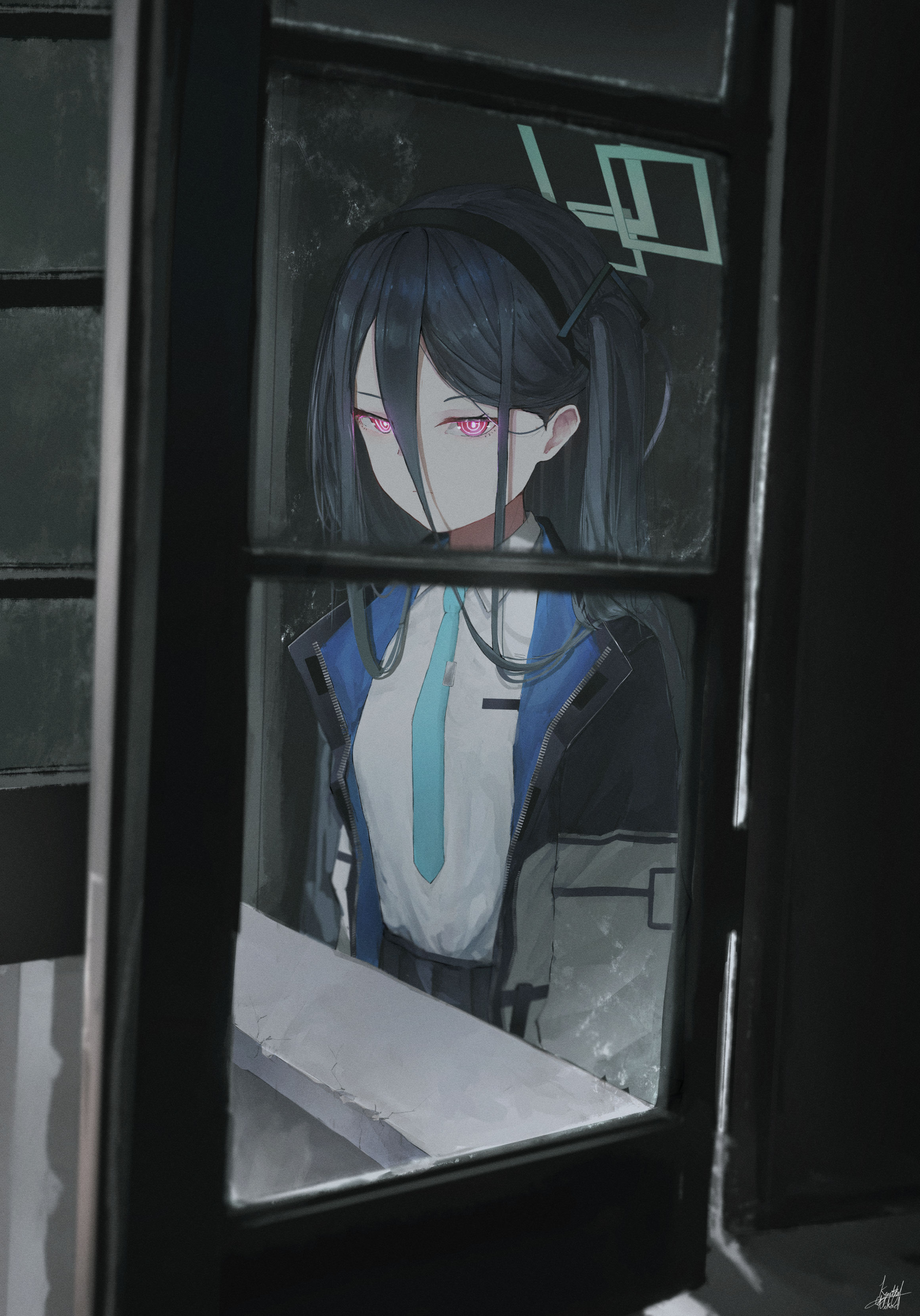 1girl absurdres aris_(blue_archive) black_hair black_hairband black_skirt blue_archive blue_necktie hair_behind_ear hair_between_eyes hairband highres jacket kei_(blue_archive) kyatto-mikazu long_hair looking_at_viewer multicolored_jacket necktie one_side_up red_eyes shirt sidelocks skirt white_shirt