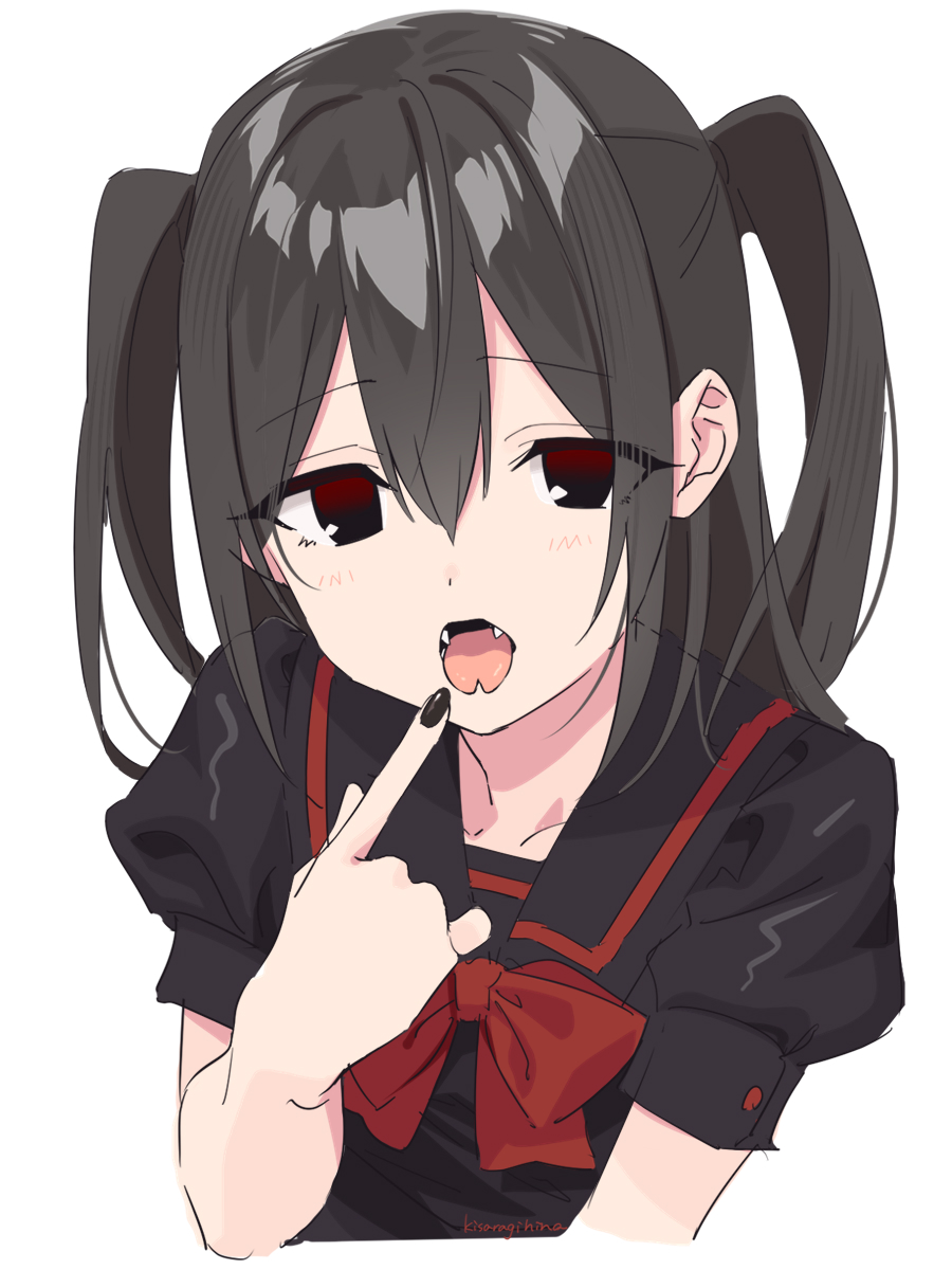 1girl black_hair black_nails black_sailor_collar black_shirt bow bowtie fangs forked_tongue highres kisaragi_hina looking_at_viewer open_mouth original red_bow red_bowtie red_eyes sailor_collar school_uniform serafuku shirt short_sleeves signature simple_background solo tongue tongue_out two_side_up white_background
