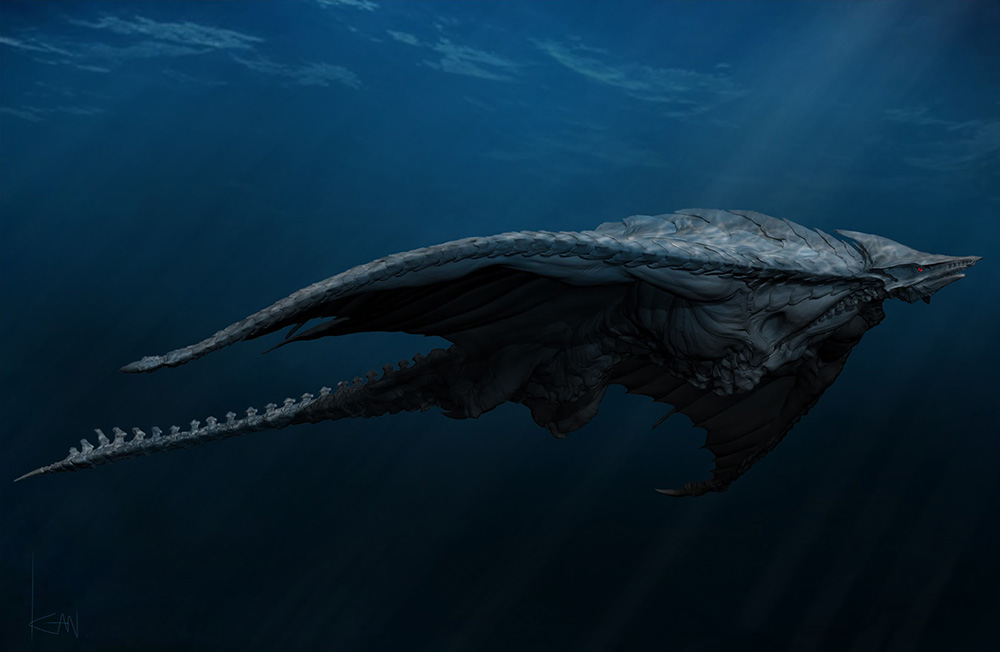 beak blue_sky cloud concept_art day engi_(animation_studio) fins full_body gamera_(series) gamera_-rebirth- giant giant_monster glowing glowing_eyes kadokawa kaiju manta_ray monster no_humans ocean official_art promotional_art red_eyes sea_monster side_profile signature skate_(fish) sky stinger stingray sunlight tail takahama_kan talons underwater wings zigra