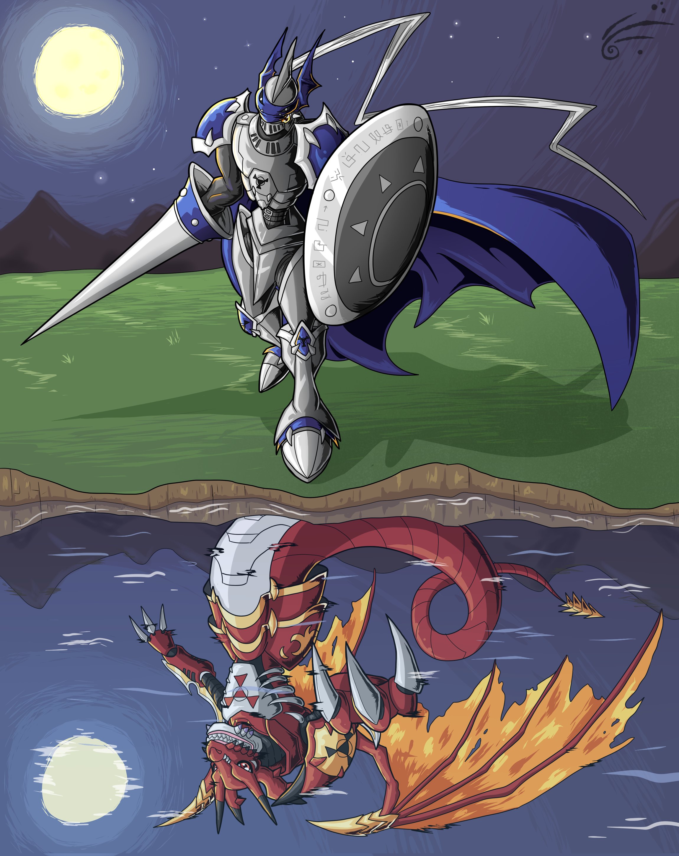 absurdres chaosdukemon claws digimon digimon_(creature) digital_hazard highres megidramon reflection wings