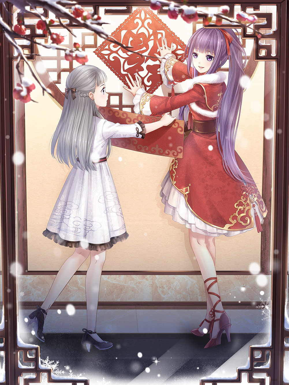 2girls ace_(miracle_nikki) artist_request belt black_belt black_bow black_ribbon black_shoes blunt_bangs bow braid branch capelet chinese_clothes chinese_new_year cloud_print decorating dot_nose dress dress_ribbon flower flower_knot frilled_dress frilled_sleeves frills full_body fur-trimmed_capelet fur_trim game_cg grey_eyes grey_hair half_up_half_down_braid hallway hand_in_own_hair happy height_difference high_heels highres holding indoors kimi_(miracle_nikki) lattice leg_ribbon light_blush long_hair long_sleeves looking_at_another medium_dress miracle_nikki multiple_girls nikki_(series) official_art open_mouth parted_lips pleated_dress plum_blossoms ponytail pumps purple_eyes purpled red_bow red_capelet red_dress red_flower red_ribbon red_shoes ribbon shoes sidelocks sleeve_ribbon smile snow snowing standing straight_hair tassel third-party_source three-quarter_sleeves tile_floor tiles very_long_hair white_dress window winter