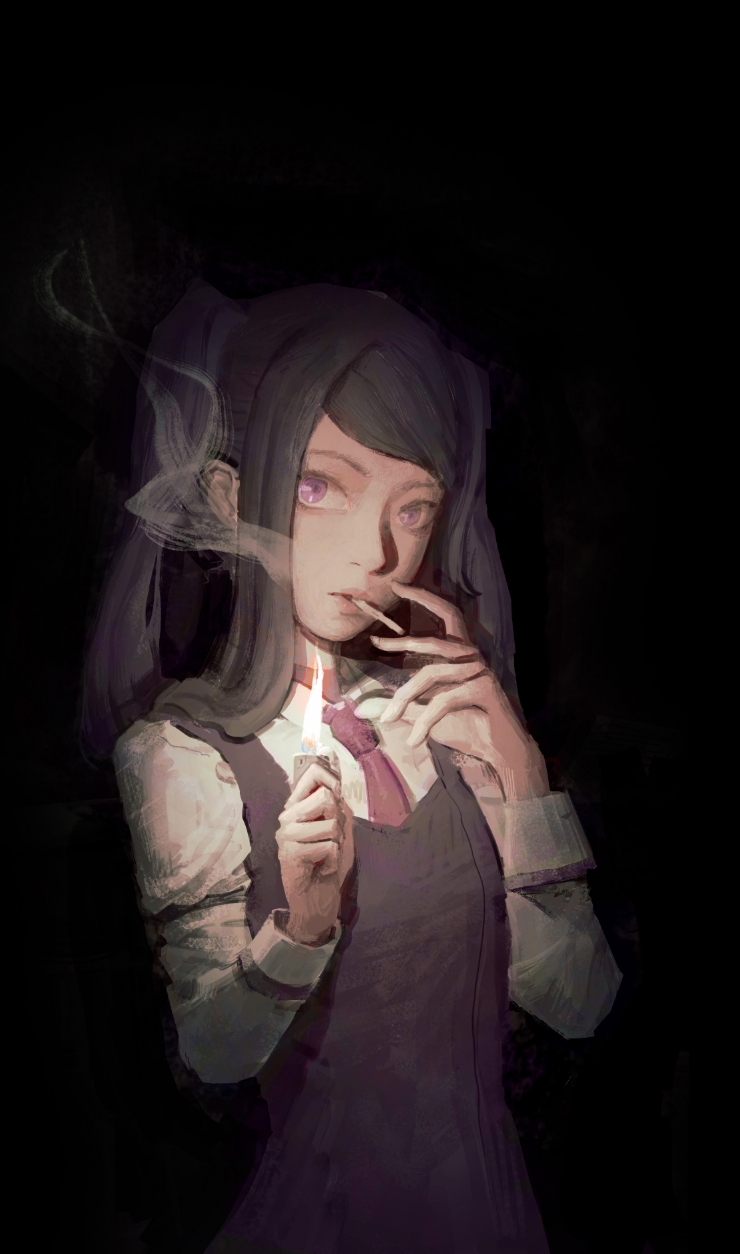 1girl black_background cigarette commentary highres holding holding_lighter jill_stingray lajurcookie lighter long_hair necktie simple_background smoke smoke_trail solo twintails va-11_hall-a