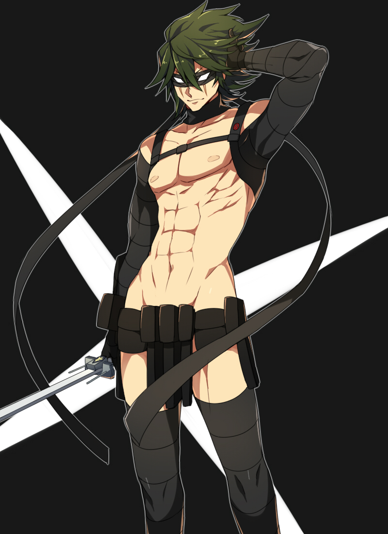 10s 1boy abs bad_id bad_pixiv_id blindfold chest_harness green_hair harness kill_la_kill male_focus mojya muscular nudist_beach_uniform revealing_clothes sanageyama_uzu scar solo spoilers thighhighs