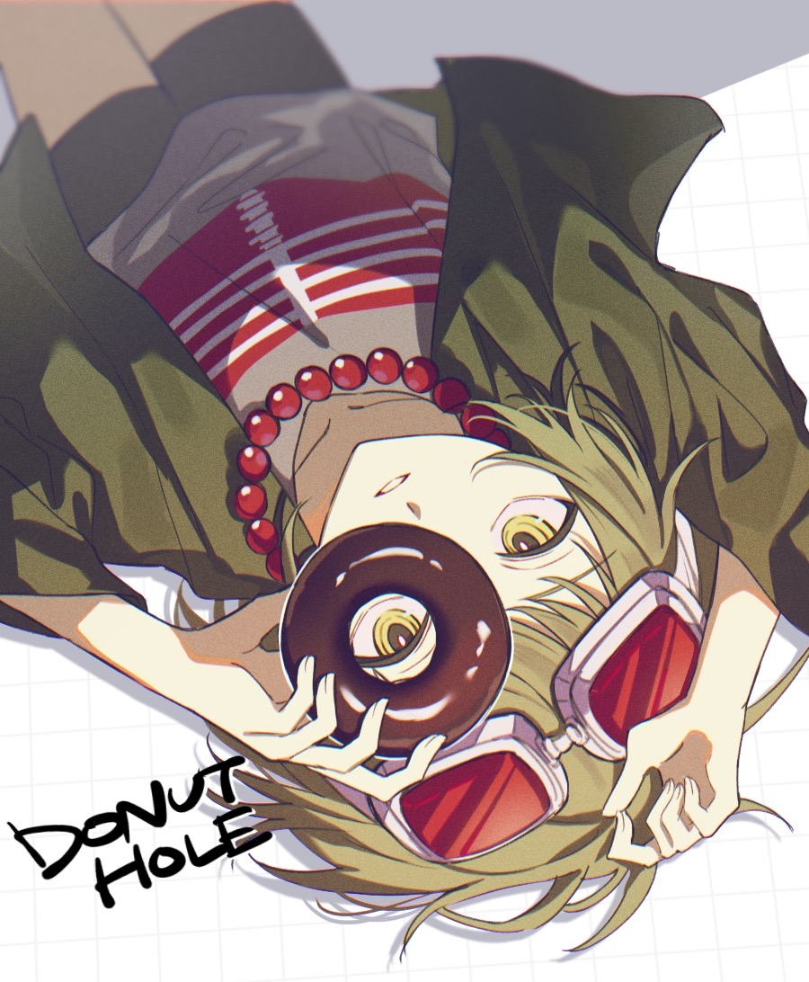 1girl bead_necklace beads black_shorts collarbone commentary cowboy_shot donut donut_hole_(vocaloid) english_commentary food goggles goggles_on_head green_eyes green_hair green_jacket grey_shirt gumi holding holding_donut holding_food jacket jewelry kikutouji looking_at_viewer looking_through_donut lying necklace on_back open_clothes open_jacket parted_lips red-tinted_eyewear red_goggles shirt short_hair shorts sidelocks skeleton_print solo song_name tinted_eyewear upside-down vocaloid