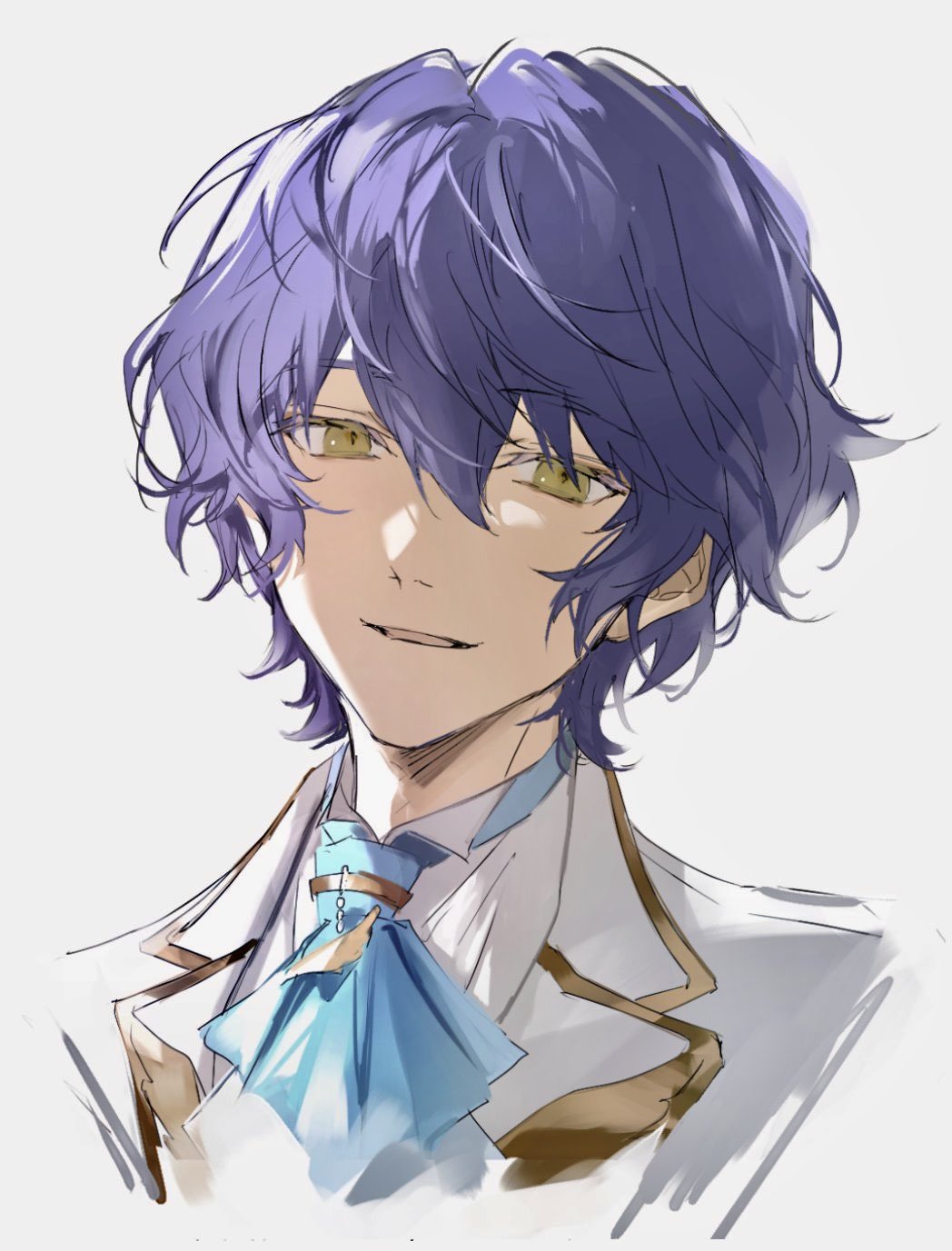 1boy aoba_tsumugi blue_hair curly_hair ensemble_stars! hair_between_eyes head_tilt highres jacket looking_at_viewer male_focus nozz177 parted_lips portrait shirt short_hair sidelighting simple_background smile solo white_jacket white_shirt yellow_eyes