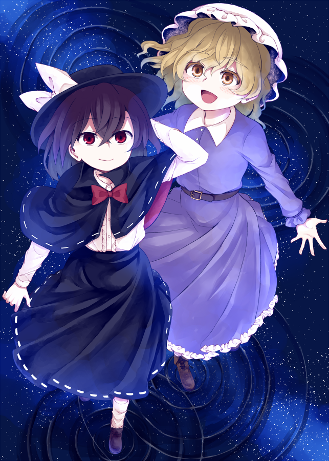 2girls :d belt black_belt black_capelet black_hat black_skirt blonde_hair bow bowtie brown_footwear brown_hair capelet closed_mouth collared_shirt constellation fedora from_above galaxy happy hat hat_bow long_sleeves looking_up maribel_hearn medium_hair mob_cap multiple_girls open_mouth purple_shirt purple_skirt red_bow red_bowtie red_eyes reflection reflective_water shirt short_hair skirt smile touhou usami_renko wading white_bow white_hat white_shirt yellow_eyes zetsumame