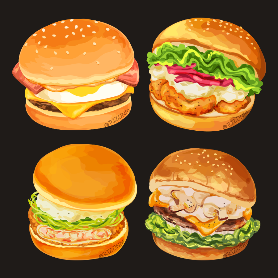 bacon black_background bread burger cheese chicken_(food) commentary egg_(food) food food_focus lettuce meat mushroom original rizu_(rizunm) sauce symbol-only_commentary
