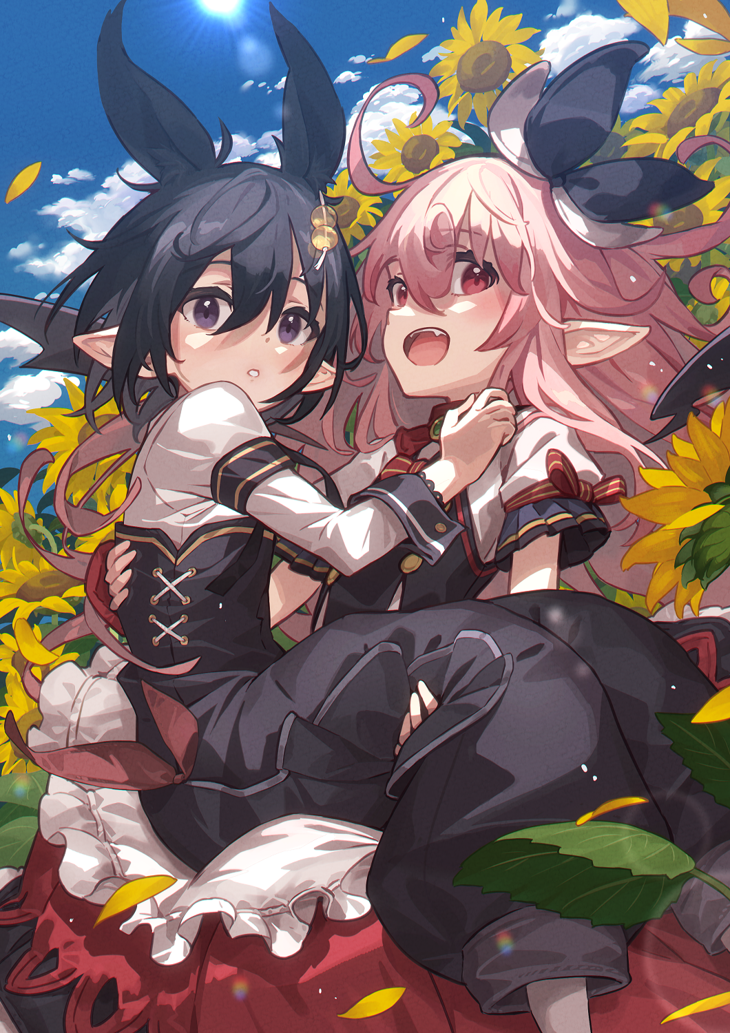 2girls ahoge black_hair carrying dress feet_out_of_frame flower hair_ornament highres juliet_sleeves lens_flare long_hair long_sleeves mano_(narumi_arata) medium_hair multiple_girls narumi_arata open_mouth original pink_hair pointy_ears princess_carry puffy_pants puffy_sleeves purple_eyes recri_(narumi_arata) red_eyes revision short_sleeves sun sunflower