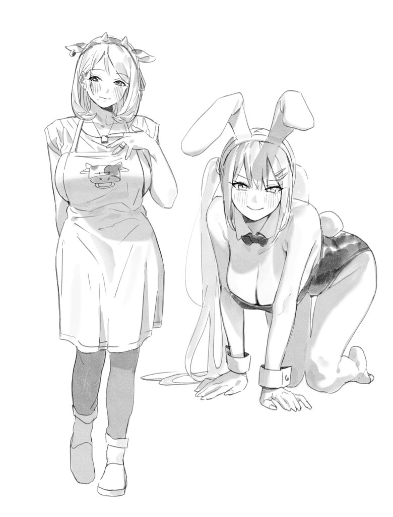 2girls all_fours animal_ear_hairband animal_ears animal_print apron arm_behind_back bare_shoulders barefoot blush breasts bunny_girl_(riki) cleavage closed_mouth collarbone commentary_request cow_ear_hairband cow_ears cow_girl cow_horns cow_print detached_collar earrings fake_animal_ears fake_horns full_body futao_miruku&#039;s_mother_(riki) greyscale hair_ornament hairband hairpin hand_on_own_chest hoop_earrings horn_hairband horns inward_flipped_hair jewelry large_breasts leotard long_hair medium_hair mole mole_under_mouth monochrome multiple_girls necklace original playboy_bunny print_apron rabbit_ears rabbit_tail riki_(riki_unc) short_sleeves simple_background standing strapless strapless_leotard tail twintails white_background wrist_cuffs