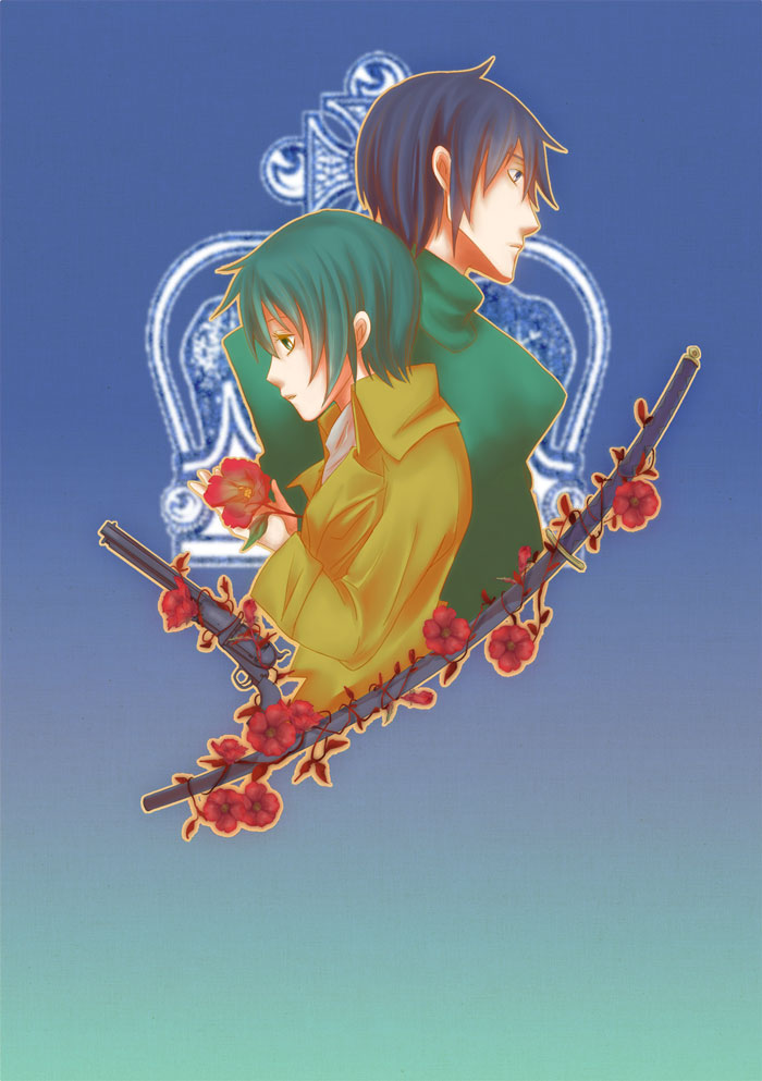 00s 1boy 1girl androgynous artist_request crown flower gun handgun kino_(kino_no_tabi) kino_no_tabi revolver shizu_(kino_no_tabi) short_hair sword weapon