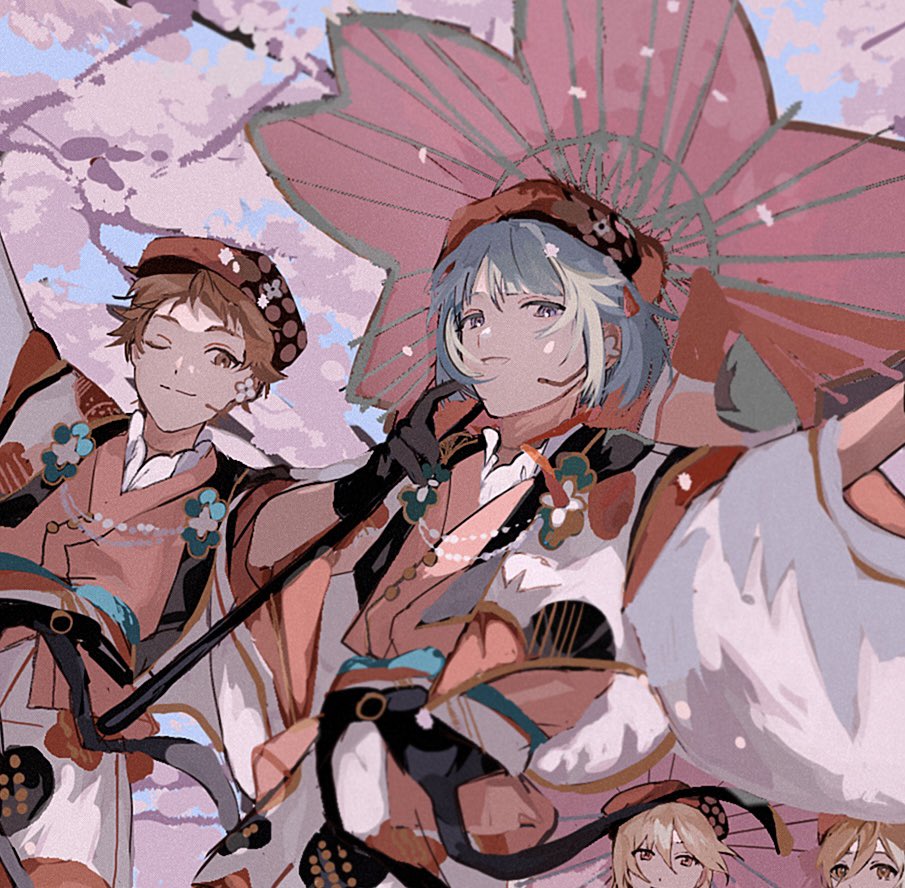 22kolink 2boys 3boys blue_hair brown_hair cherry_blossoms ensemble_stars! gloves holding japanese_clothes looking_at_viewer male_focus mashiro_tomoya multiple_boys nito_nazuna oil-paper_umbrella one_eye_closed rabbits_(ensemble_stars!) shino_hajime smile tenma_mitsuru umbrella wide_sleeves