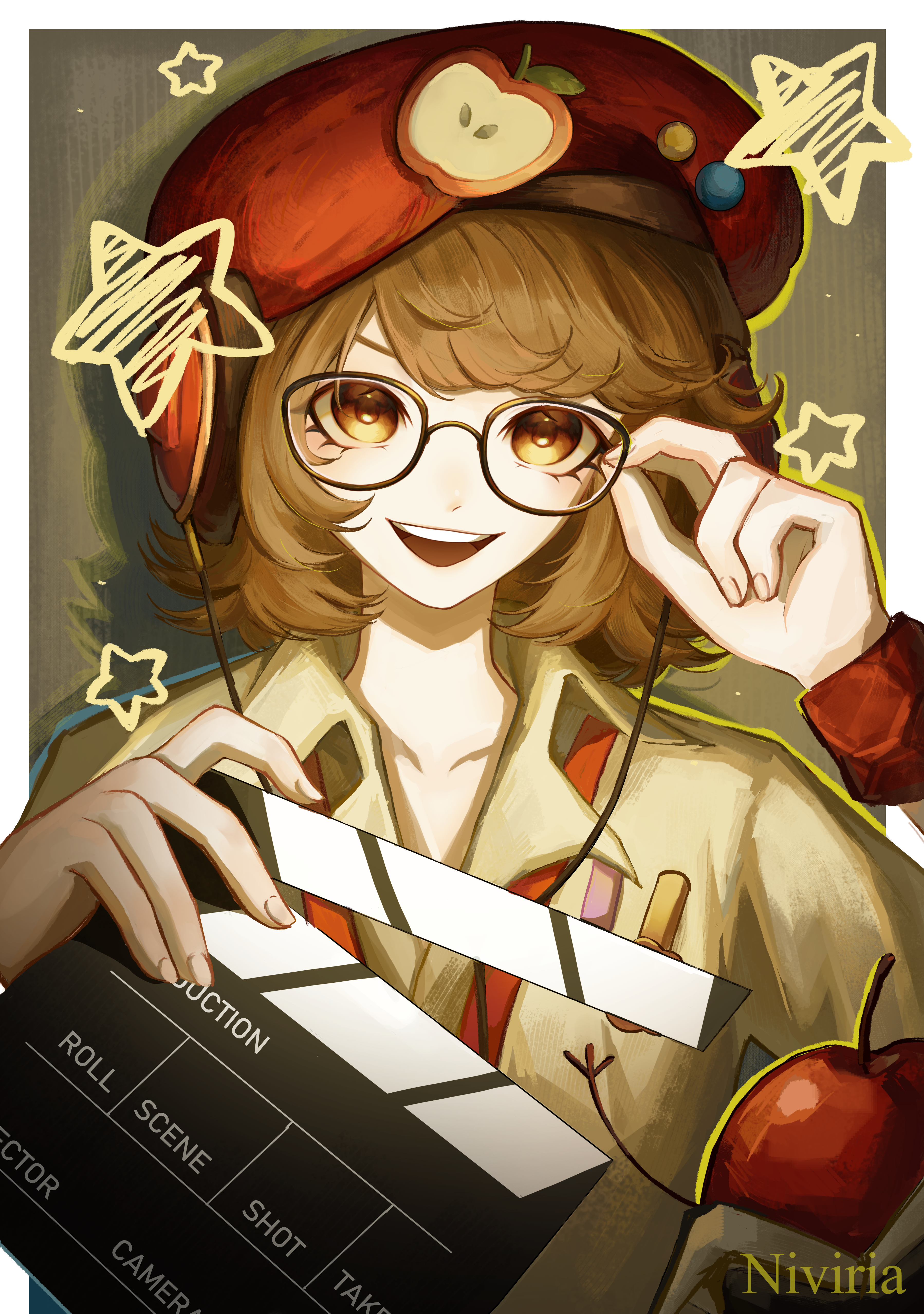 1girl :d absurdres adjusting_eyewear apple apple_(reverse:1999) artist_name beret border brown_hair clapperboard collared_shirt food fruit glasses grey_background hands_up hat headphones highres holding niviria_artist official_alternate_costume open_mouth orange_eyes outside_border red_hat regulus_(reverse:1999) reverse:1999 shirt short_hair smile solo star_(symbol) teeth upper_body upper_teeth_only white_border white_shirt