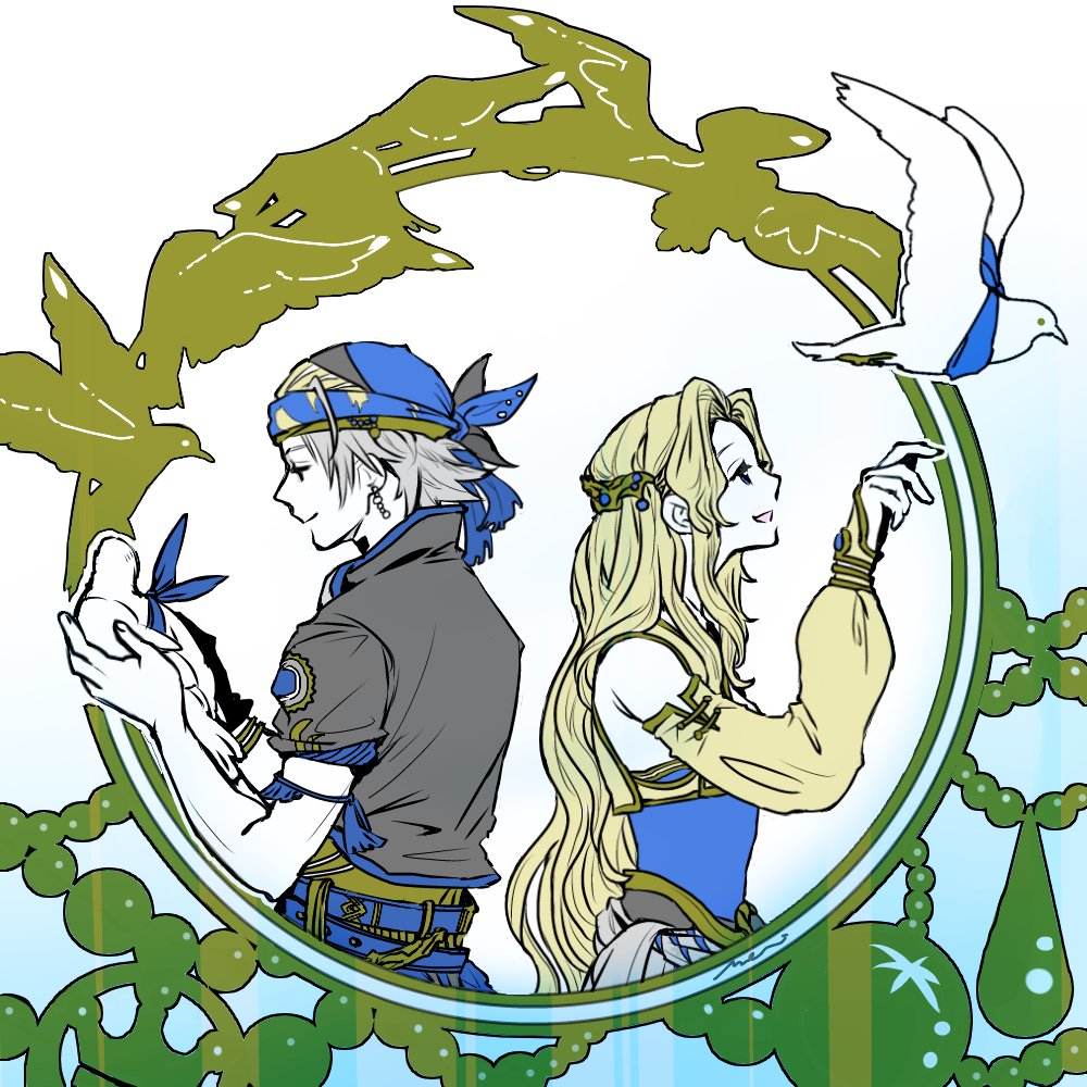 1boy 1girl animal bare_shoulders belt bird black_jacket blonde_hair blue_headscarf blue_ribbon blue_shirt bridal_gauntlets celes_chere cropped_vest detached_sleeves dove earrings final_fantasy final_fantasy_vi grey_hair hair_ornament headscarf holding holding_animal holding_bird jacket jewelry locke_cole long_hair mochi_(hanamaruudondesu) multiple_belts parted_bangs parted_lips ribbon shirt short_hair short_sleeves sidelocks smile upper_body vest white_background yellow_sleeves yellow_vest