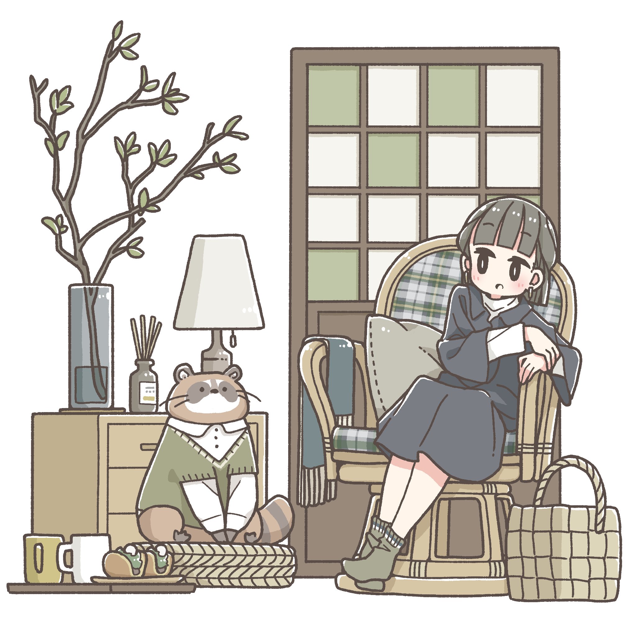1girl basket brown_hair cup earrings east_sha2 highres jewelry lamp long_sleeves mug open_mouth original raccoon short_hair sitting socks solo