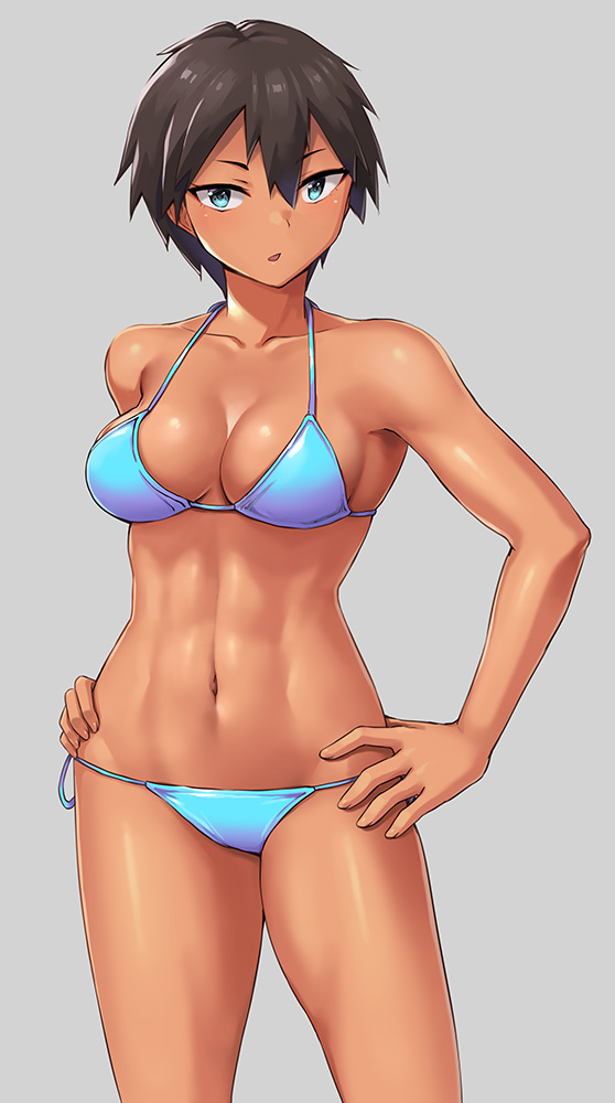 :o abs bare_shoulders bikini blue_bikini blue_eyes blush breasts brown_hair dark-skinned_female dark_skin grey_background hands_on_own_hips hashi navel open_mouth original shiny_skin short_hair simple_background standing swimsuit tan tomboy toned toned_female