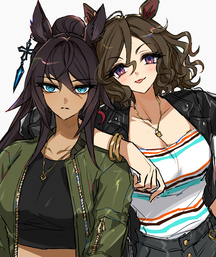2girls animal_ears aqua_eyes arm_on_another&#039;s_shoulder black_hair black_jacket black_shirt black_shorts blush bracelet breasts brown_hair closed_mouth crop_top didi_(whaqlrpwjd) earrings frown green_jacket horse_ears jacket jewelry leather leather_jacket long_hair looking_at_viewer medium_breasts multiple_girls necklace open_clothes open_jacket ponytail purple_eyes ringed_eyes shirt shirt_tucked_in short_hair shorts simple_background single_earring smile striped_clothes striped_shirt symboli_kris_s_(umamusume) tap_dance_city_(umamusume) tongue tongue_out umamusume upper_body white_background white_shirt