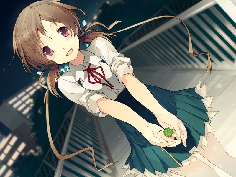 10s 1girl akinashi_yuu aomi_isara blush bridge brown_hair female_focus game_cg happy koi_to_senkyo_to_chocolate long_hair looking_at_viewer night open_mouth pink_eyes school_uniform skirt smile solo standing twintails