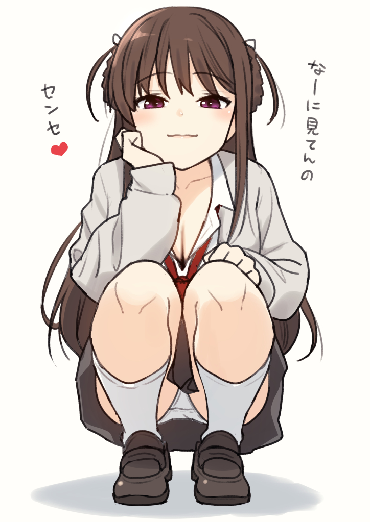 1girl 22/7 blush braid braided_hair_rings breasts brown_footwear brown_hair cleavage collarbone collared_shirt full_body grey_skirt grey_sweater hair_rings half-closed_eyes heart long_hair looking_at_viewer medium_breasts miniskirt nagareboshi necktie panties purple_eyes red_necktie school_uniform shadow shirt sidelocks skirt smile socks solo speech_bubble squatting sweater tachikawa_ayaka thighs underwear white_panties white_shirt white_socks