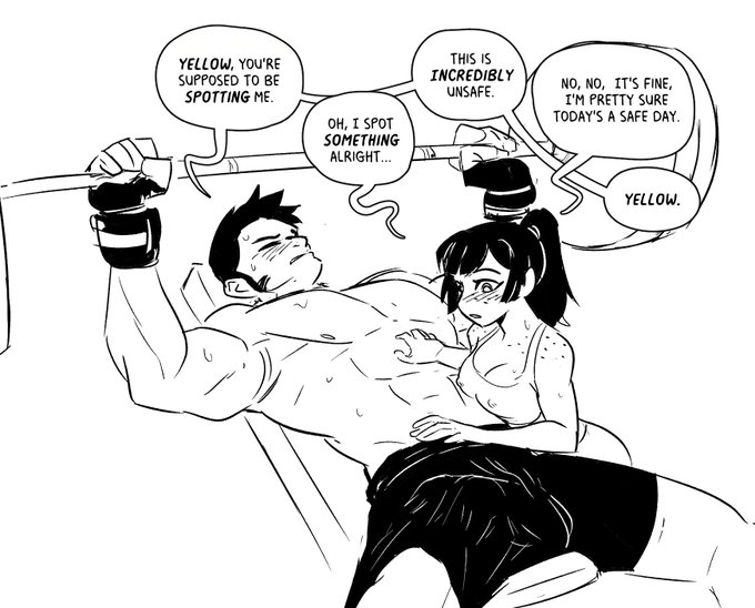 1boy 1girl bench_press bulge female_pervert pervert red_(spicymancer) spicymancer spotter topless_male yellow_(spicymancer)