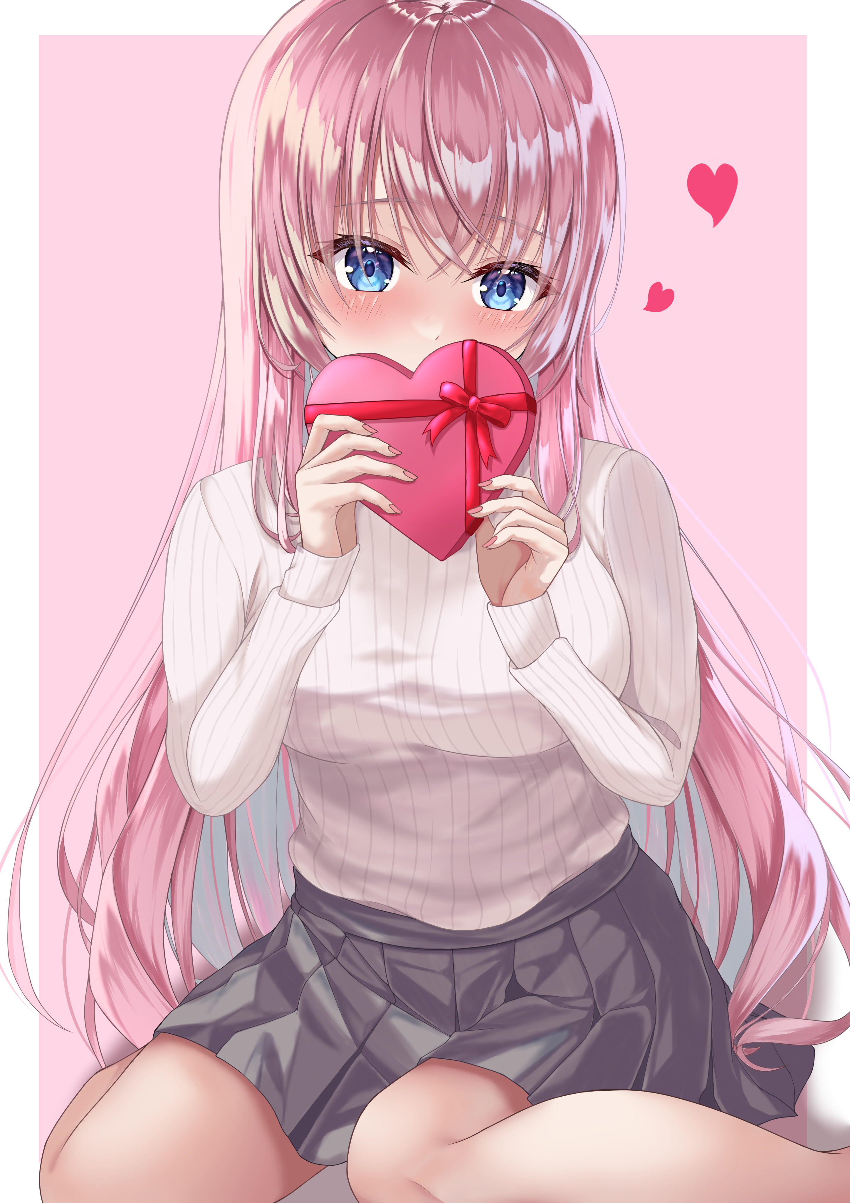 1girl absurdres blue_eyes blush box breasts gift gift_box happy_valentine heart heart-shaped_box highres holding holding_gift ichinose_(24746718) ichinose_honami_(youjitsu) large_breasts long_hair looking_at_viewer pink_hair shirt skirt valentine white_shirt youkoso_jitsuryoku_shijou_shugi_no_kyoushitsu_e