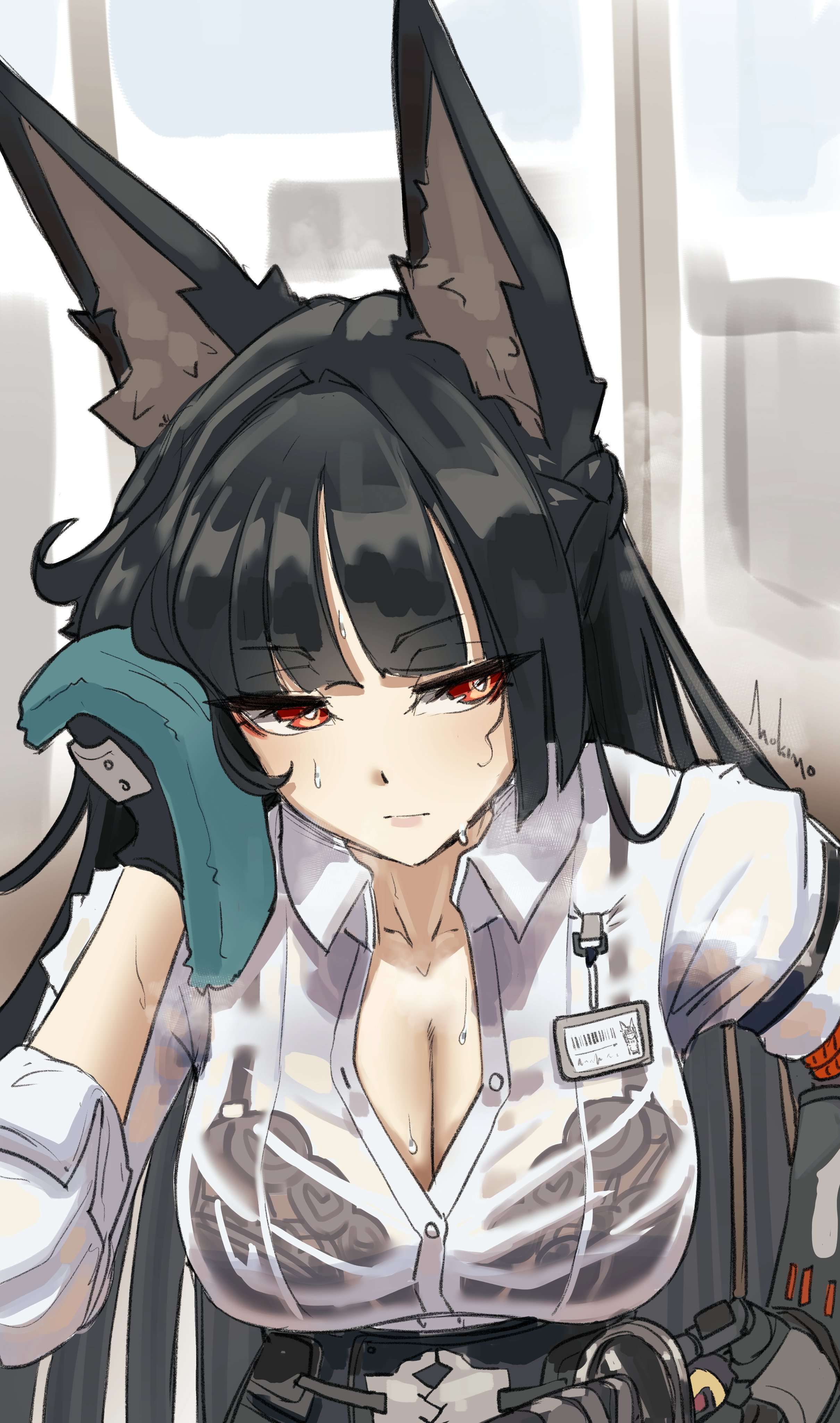 1girl absurdres animal_ears artist_name black_bra black_gloves black_hair blunt_bangs bra bra_visible_through_clothes breasts cleavage closed_mouth commentary dress_shirt english_commentary expressionless fingerless_gloves fox_ears fox_girl gloves highres holding holding_towel hoshimi_miyabi indoors large_breasts long_hair looking_to_the_side mokimolewds red_eyes see-through_clothes shirt sidelocks solo sweat sweaty_clothes towel underwear wet wet_clothes white_shirt zenless_zone_zero