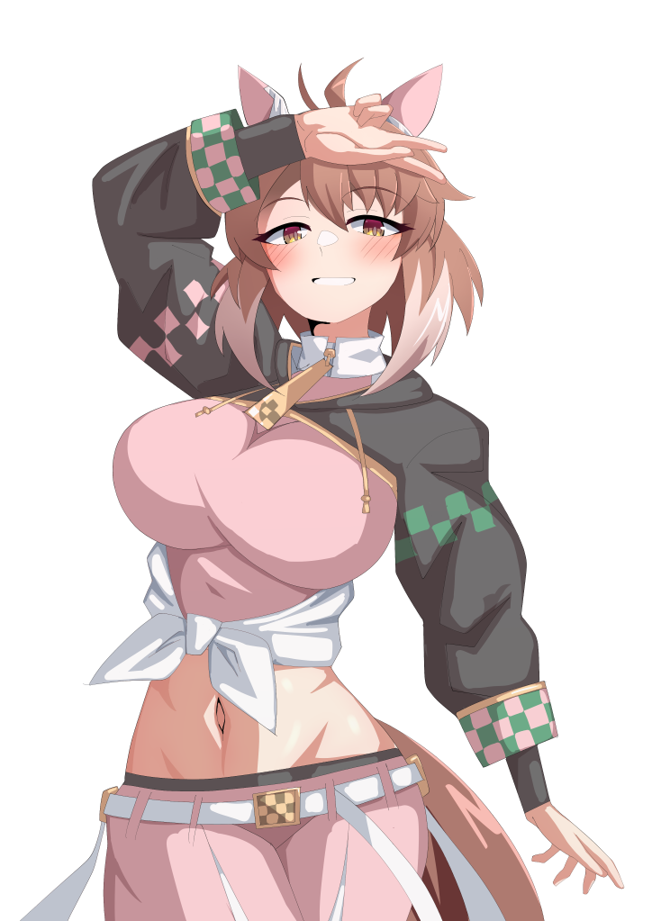 1girl ahoge animal_ears arm_up belt black_jacket bow breasts brown_eyes brown_hair checkered_ribbon closed_mouth colored_tips commentary_request cowboy_shot dantsu_flame_(umamusume) ear_covers ear_ornament ear_ribbon hair_between_eyes hair_ornament hairband hand_up horse_ears horse_girl horse_tail ishitsuma_canon jacket large_breasts looking_at_viewer medium_hair midriff multicolored_hair navel pantyhose pantyhose_under_shorts pink_hairband pink_shirt pink_shorts shirt shorts sidelocks simple_background smile solo standing tail tied_shirt two-tone_hair two_side_up umamusume white_background white_belt white_hair