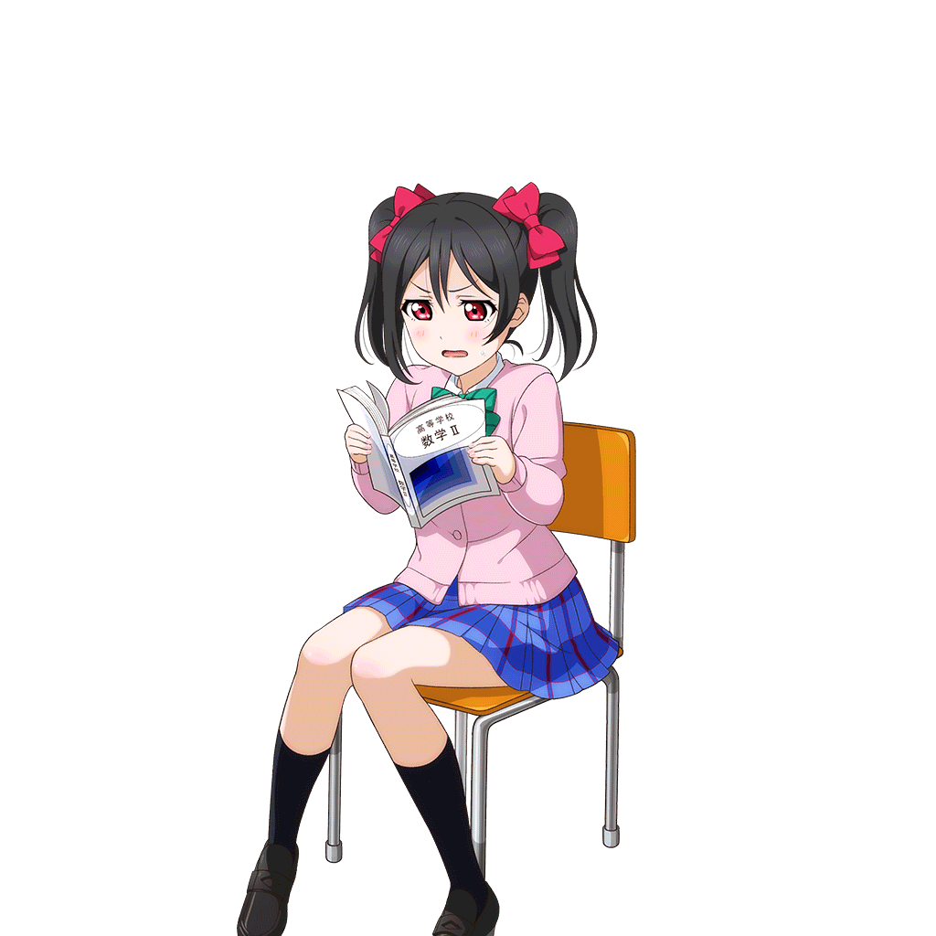 1girl anime_coloring black_hair black_shoes black_socks blazer blue_skirt blush book bow bowtie cardigan chair diagonal-striped_bow diagonal-striped_bowtie diagonal-striped_clothes dress_shirt feet_out_of_frame green_bow green_bowtie hands_up holding holding_book jacket kneehighs loafers long_sleeves looking_at_object looking_down love_live! love_live!_school_idol_festival love_live!_school_idol_project math miniskirt official_art on_chair open_book open_mouth otonokizaka_school_uniform pigeon-toed pink_cardigan plaid_clothes plaid_skirt pleated_skirt red_bow red_eyes school_chair school_uniform shirt shoes sitting skirt smile socks solo squinting striped_clothes studying summer_uniform sweatdrop textbook three_quarter_view transparent_background twintails v-shaped_eyebrows wavy_mouth white_shirt yazawa_nico