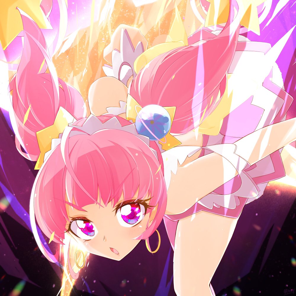1girl ahoge ashita_wa_hitsuji blunt_bangs cure_star dress earrings hair_ornament hoop_earrings hoshina_hikaru jewelry long_hair looking_at_viewer magical_girl pink_dress pink_eyes pink_hair planet_hair_ornament precure solo star_(symbol) star_hair_ornament star_twinkle_precure twintails v-shaped_eyebrows