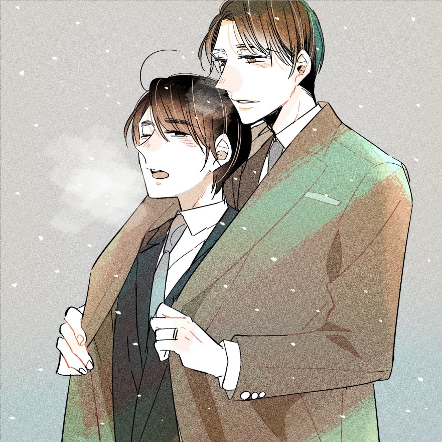 30-sai_made_doutei_dato_mahoutsukai_ni_nareru_rashii adachi_kiyoshi ahoge asymmetrical_bangs black_hair blush breath brown_eyes brown_hair brown_jacket business_suit cold collared_shirt formal_clothes grin jacket jewelry kurosawa_yuuichi_(30-sai_made_doutei_dato_mahoutsukai_ni_nareru_rashii) looking_at_another necktie one_eye_closed open_mouth original ring salaryman shared_clothes shared_coat shirt smile snowing suit toyotayou wedding_ring white_shirt yaoi