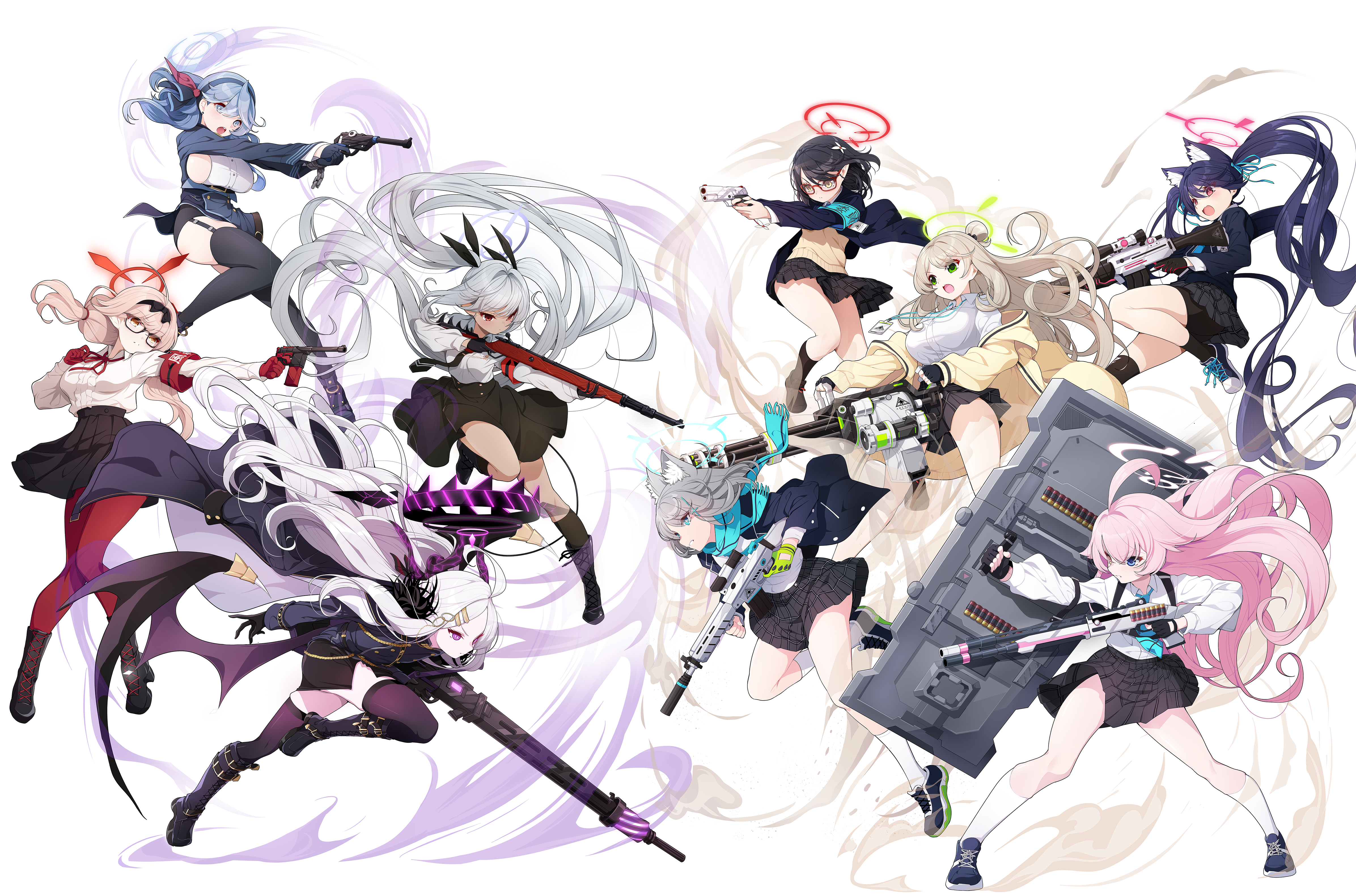 6+girls absurdres ahoge aiming ako_(blue_archive) animal_ears aqua_armband aqua_scarf armband assault_rifle ayane_(blue_archive) beretta_1301 beretta_ar70/90 bike_shorts bike_shorts_under_skirt black_gloves black_hair black_skirt blazer blonde_hair blue_archive blue_hair blue_jacket bolt_action cardigan cat_ears chest_harness chinatsu_(blue_archive) commentary_request extra_ears floating_hair foreclosure_task_force_(blue_archive) gatling_gun gloves grey_hair gun hair_bun halo handgun harness highres hina_(blue_archive) holding holding_gun holding_shield holding_weapon hoshino_(blue_archive) iori_(blue_archive) jacket koflif long_hair looking_ahead looking_at_another luger_p08 m134_minigun machine_gun mauser_98 mauser_c96 mg42 multiple_girls nonomi_(blue_archive) opposing_sides pink_hair pleated_skirt prefect_team_(blue_archive) rifle scarf school_uniform serika_(blue_archive) shield shiroko_(blue_archive) shirt sig_p228/p229 sig_sauer sig_sauer_556 simple_background single_side_bun skirt very_long_hair weapon white_background white_shirt yellow_cardigan