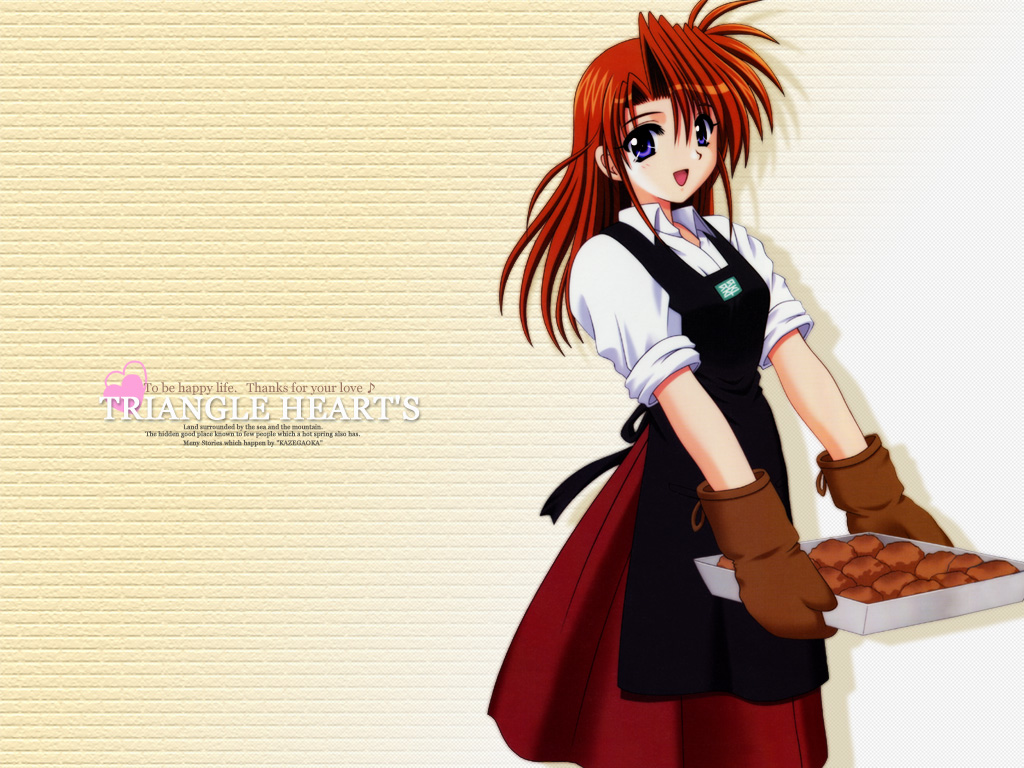 00s 1girl apron blue_eyes english_text engrish_text female_focus long_hair ranguage red_hair sleeves_rolled_up solo takamachi_momoko triangle_heart triangle_heart_3 triangle_hearts
