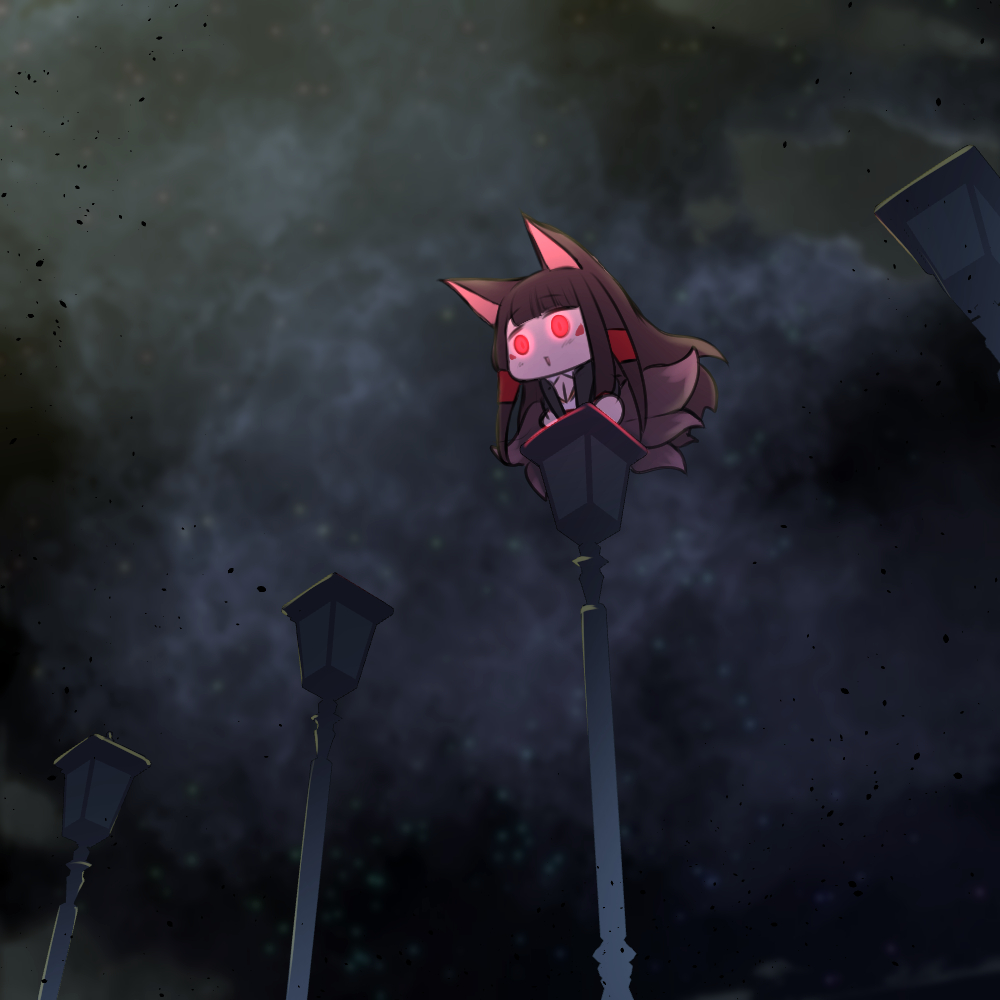 1girl akagi_(azur_lane) akaoni_(zumt3548) all_fours animal_ears azur_lane black_kimono blunt_bangs brown_hair brown_tail chibi cloud cloudy_sky commentary_request fox_ears fox_girl fox_tail full_body glowing glowing_eyes japanese_clothes kimono lamppost long_hair multiple_tails parted_lips red_eyes sky solo tail