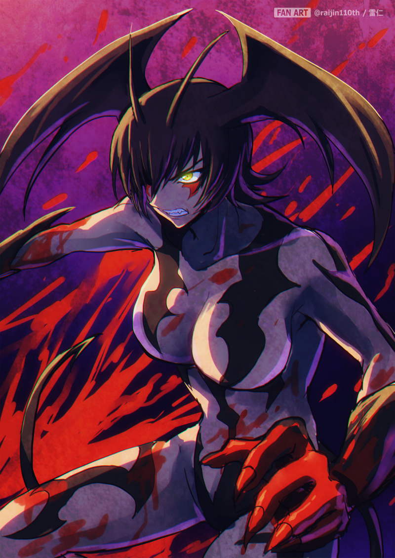 1girl antennae blood blood_on_body blood_on_hands blood_splatter breasts claws collarbone commentary_request devil_lady_(devilman_lady) devilman devilman_lady facial_mark fudou_jun grimace head_wings large_breasts looking_ahead raijin-bh revealing_clothes signature solo wings yellow_eyes