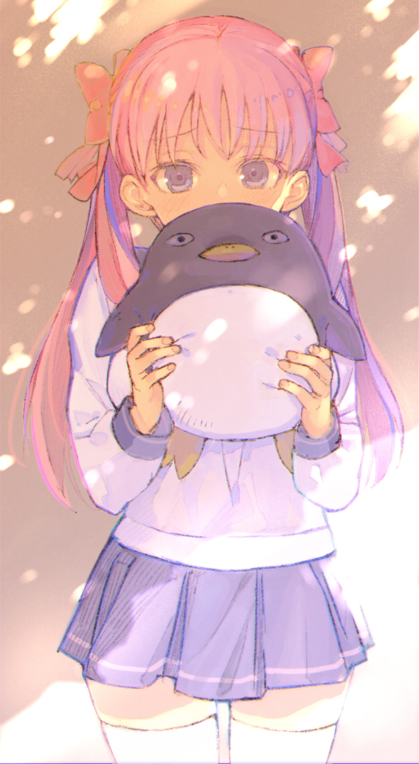 1girl blue_eyes cowboy_shot cropped_legs etopen etopen_no_geboku haramura_nodoka long_hair looking_at_viewer pink_hair saki_(manga) school_uniform straight-on stuffed_animal stuffed_penguin stuffed_toy thighhighs twintails white_thighhighs