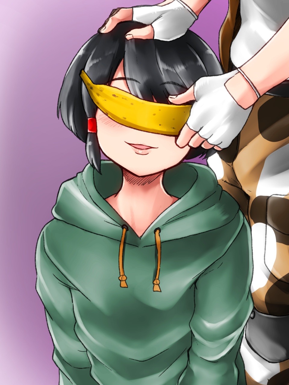 2girls banana black_hair blush braid brown_vest camouflage camouflage_pants captain_(kemono_friends) commentary food fruit gambian_rat_(kemono_friends) green_hoodie hand_on_another&#039;s_head highres hood hoodie isna_(footprintsofisna) kemono_friends mouse_girl multiple_girls pants phallic_symbol print_pants sexually_suggestive short_hair side_braid vest