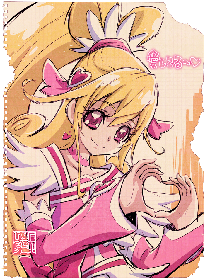 1girl aida_mana artist_logo blonde_hair choker collarbone cure_heart curly_hair dokidoki!_precure dress earrings finger_heart graph_paper hair_ornament heart heart_earrings heart_hair_ornament high_ponytail jewelry kamikita_futago logo long_hair looking_at_viewer magical_girl paper_background pink_arm_warmers pink_choker pink_dress pink_eyes ponytail precure smile solo stamp_mark torn_paper