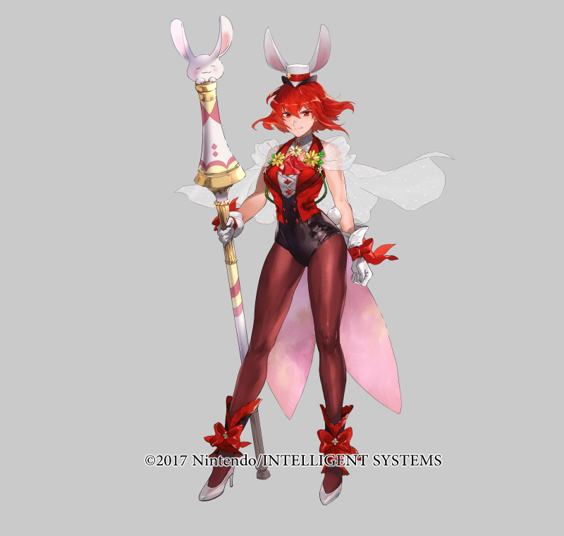 1girl breasts capelet clenched_hand closed_mouth copyright_notice fire_emblem fire_emblem:_mystery_of_the_emblem fire_emblem_heroes full_body gloves grey_background hat high_heels holding leotard looking_at_viewer mayo_(becky2006) medium_breasts minerva_(fire_emblem) minerva_(spring)_(fire_emblem) mini_hat nintendo official_art pantyhose polearm rabbit_tail red_eyes red_hair see-through_clothes short_hair simple_background sleeveless smile solo standing tail weapon white_gloves