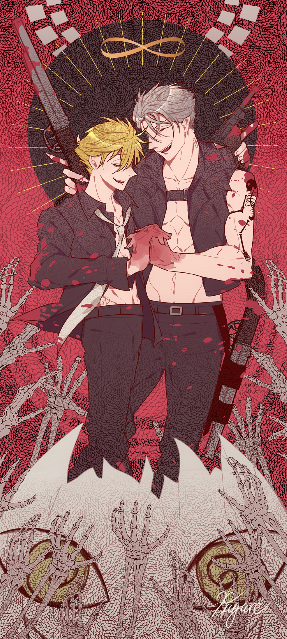 2boys arm_tattoo bakshi_christensen black_jacket black_pants blonde_hair blood blood_on_hands bloody_weapon collarbone commentary eyeball fingernails giancarlo_bourbon_del_monte grey_hair gun handgun highres holding holding_gun holding_weapon jacket lucky_dog_1 male_focus multiple_boys nagare26 navel necktie open_mouth pants pectorals sharp_fingernails short_hair shotgun skeletal_arm sleeveless sleeveless_jacket symbol-only_commentary tattoo toned toned_male weapon white_necktie yaoi