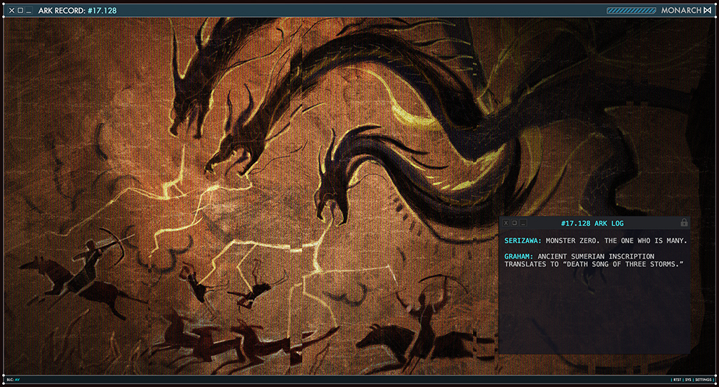 alien archery arrow_(projectile) bow_(weapon) cave_paintings conjoined conspiracy death dragon electricity energy energy_beam giant giant_monster godzilla:_king_of_the_monsters godzilla_(series) hieroglyphics horns horse hydra kaiju king_ghidorah legendary_pictures lightning monarch_(monsterverse) monster monsterverse multiple_heads mural official_art promotional_art spikes sumerian text_focus toho viral_marketing weapon wyvern