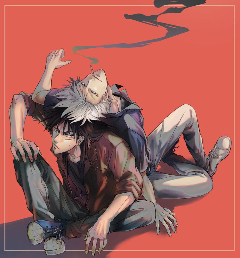 &gt;:( 2boys akagi:_yami_ni_oritatta_tensai akagi_shigeru black_hair black_shirt blue_footwear border brown_jacket cigarette collared_shirt crossed_legs crossover frown fukumoto_mahjong high_tops in_mouth itou_kaiji jacket kaiji male_focus multiple_boys on_floor red_background scar scar_on_face shirt shoes sitting smoke smoking sneakers sweatdrop tsukushi_(kaori0331) v-shaped_eyebrows