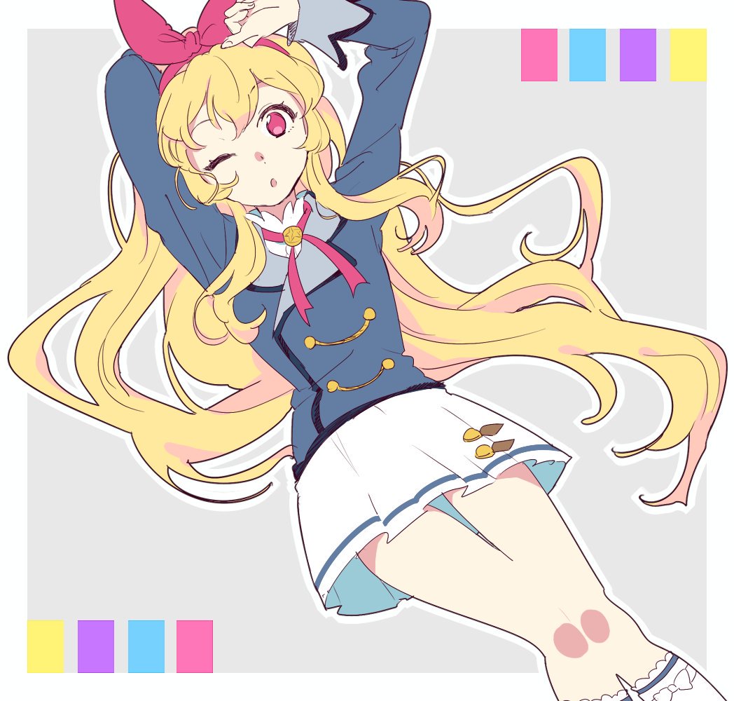 1girl aikatsu! aikatsu!_(series) arms_up bad_id bad_twitter_id blonde_hair blue_jacket border bow_hairband dutch_angle hairband hoshimiya_ichigo jacket long_hair long_sleeves looking_at_viewer neck_ribbon one_eye_closed outline pleated_skirt red_eyes red_hairband red_ribbon ribbon school_uniform shiontaso shirt skirt solo standing starlight_academy_school_uniform white_border white_outline white_shirt white_skirt