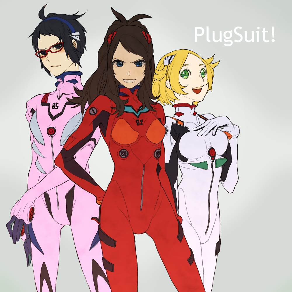 1boy 2girls ahoge asa_(oaasvxr) ayanami_rei_(cosplay) bianca_(pokemon) black_eyes blonde_hair blue_eyes blush breasts brown_hair cheren_(pokemon) cosplay crossdressing crossover english_text frown glasses green_eyes grin hilda_(pokemon) long_hair makinami_mari_illustrious_(cosplay) mecha_pilot_suit multiple_girls neon_genesis_evangelion nintendo open_mouth plugsuit_(cosplay) plugsuit_(evangelion) pokemon pokemon_bw short_hair smile souryuu_asuka_langley_(cosplay)