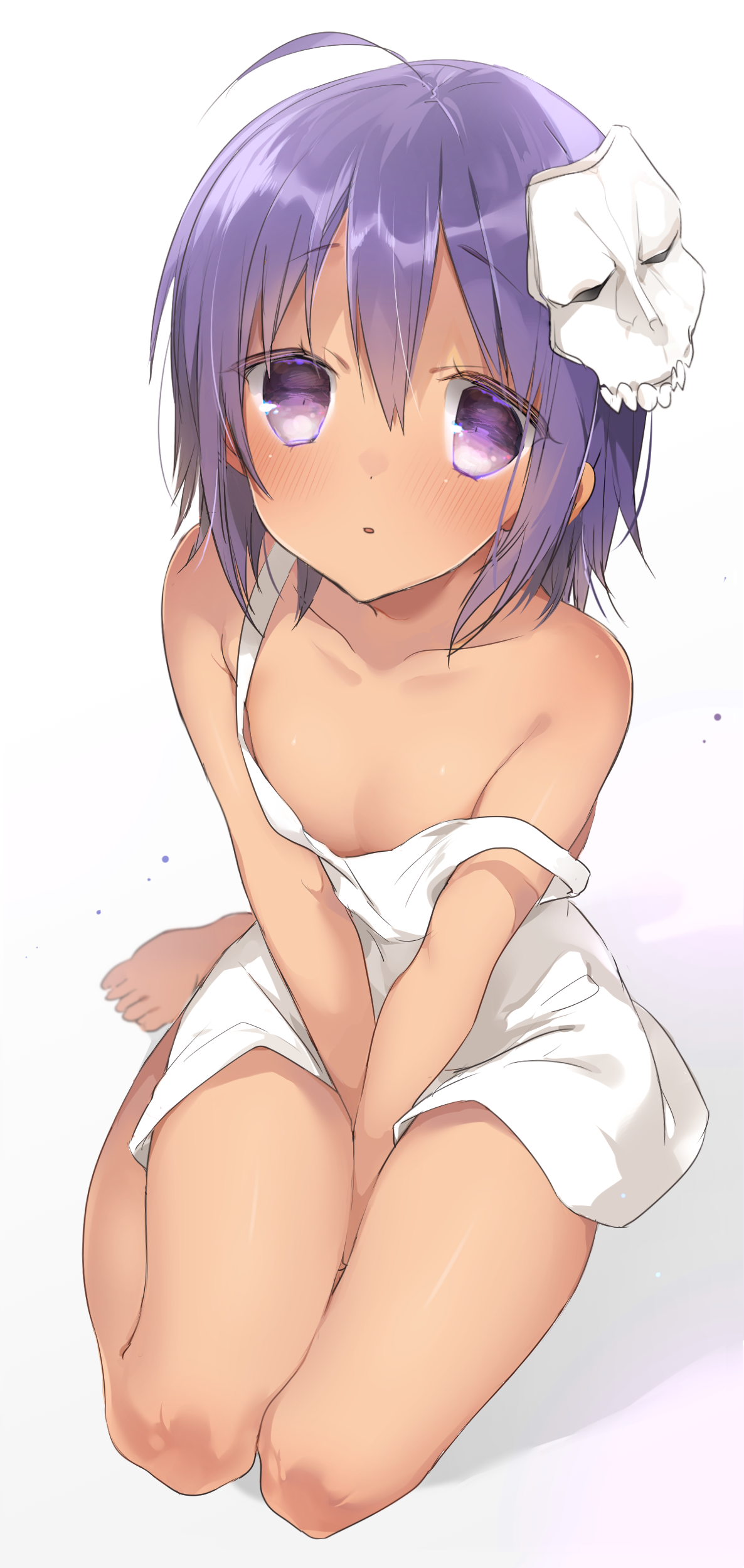 1girl absurdres ahoge assassin_(fate/zero) bare_legs barefoot between_legs blush breasts child_assassin_(fate/zero) cleavage collarbone dark-skinned_female dark_skin dress fate/prototype fate/prototype:_fragments_of_blue_and_silver fate_(series) female_focus full_body gradient_background hair_between_eyes hand_between_legs hassan_of_serenity_(fate) highres looking_at_viewer mask mask_on_head purple_eyes purple_hair short_hair simple_background sino_(sionori) sitting small_breasts solo strap_slip white_dress yokozuwari