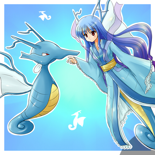 1990s_(style) 1girl blue_hair costume creature_and_personification dual_persona frilled_kimono frills gen_2_pokemon japanese_clothes kimono kingdra long_hair lowres mermaid moemon monster_girl nintendo personification pokemon pokemon_(creature) pokemon_gsc retro_artstyle tenjou_ryuka underwater very_long_hair