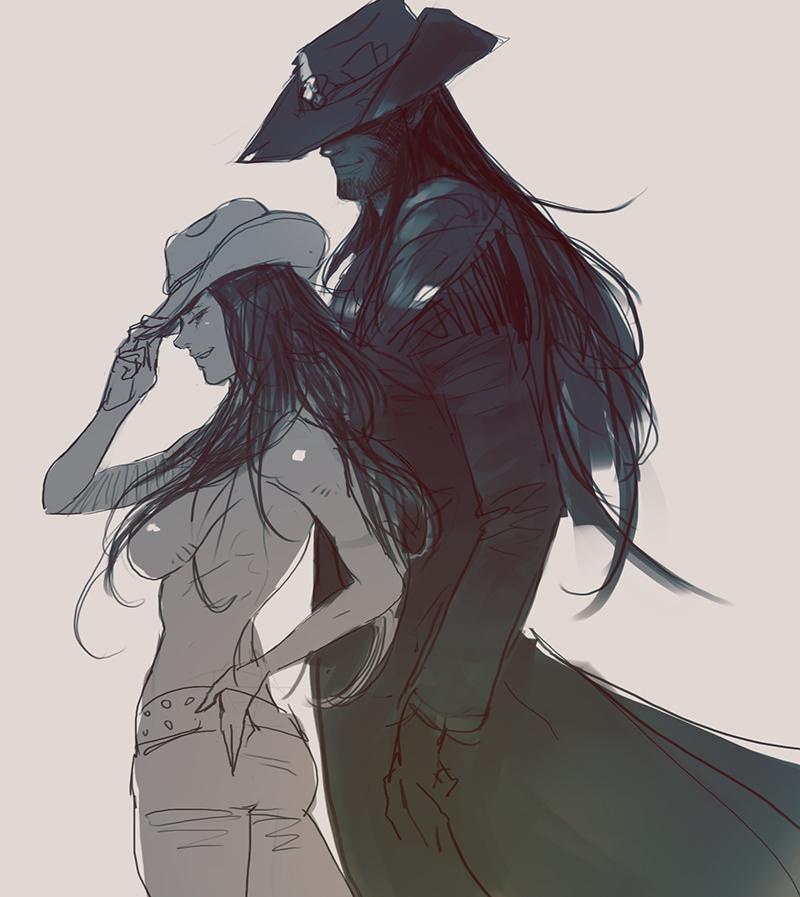 1boy 1girl breasts coat closed_eyes genderswap genderswap_(mtf) hat hat_over_eyes large_breasts league_of_legends long_hair monochrome olaf_(league_of_legends) pants topless_male sia_kim simple_background sketch smile smirk twisted_fate