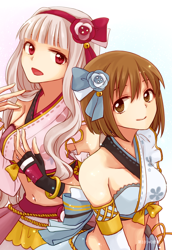 2girls armband breasts brown_eyes brown_hair closed_mouth collarbone commentary_request detached_sleeves frilled_armband frills grey_hair hagiwara_yukiho hairband hands_up idolmaster idolmaster_(classic) idolmaster_platinum_stars long_hair looking_at_viewer midriff multiple_girls navel open_mouth red_eyes red_hairband sakura_(ms_ms_ms) shijou_takane short_hair single_detached_sleeve smile tsukiyomi-no-kamu_kimono_(idolmaster) white_background